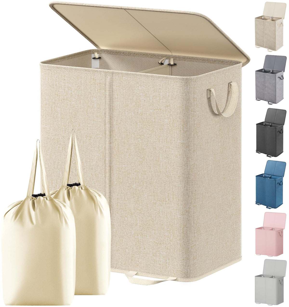 Lifewit Double Laundry Hamper with Lid, Removable Laundry Bags, Beige