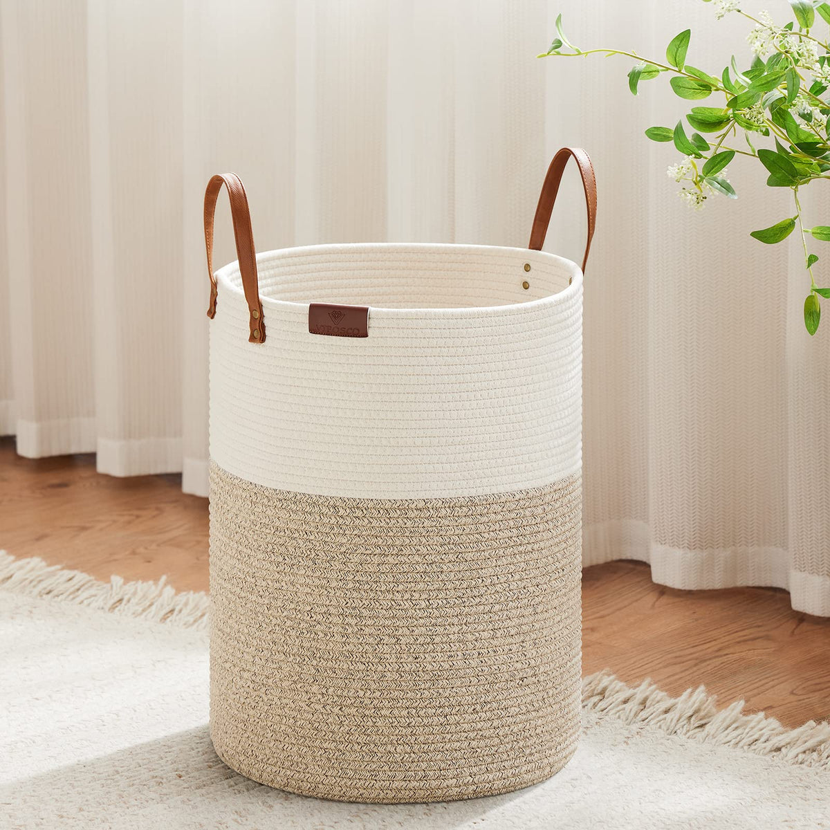 VIPOSCO 72L Tall Woven Rope Laundry Hamper, Leather Handles, White & Brown