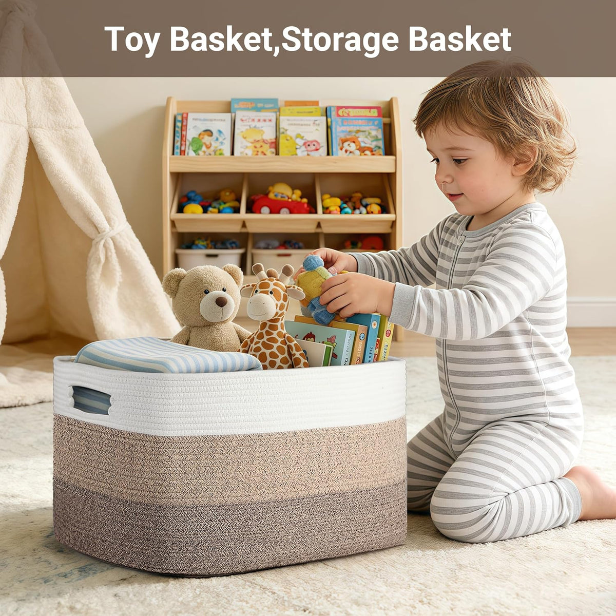 75L Blanket Basket Laundry Basket Hamper Brown/White,22"x17"x12"