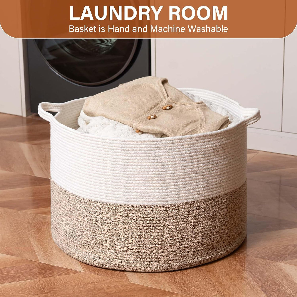 Foldable Laundry Hamper Basket with Collapsible Handle Cotton Rope Soft Woven Fabric Storage Organizer Clothes Toys Nursery Bedroom Dorm Space Saving Bin (White & Brown, 65L(19.7"D x 12.6"H))