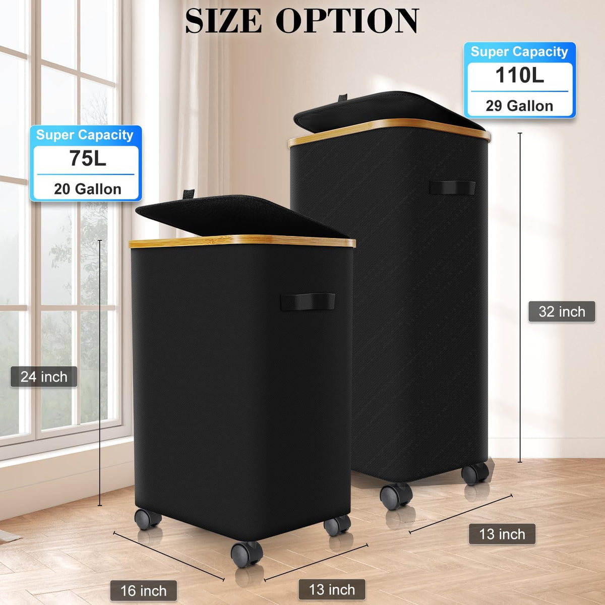 Laundry Hamper with Wheels, 75L Rolling Laundry Basket with Lid
