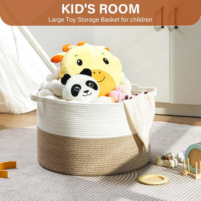 Foldable Laundry Hamper Basket with Collapsible Handle Cotton Rope Soft Woven Fabric Storage Organizer Clothes Toys Nursery Bedroom Dorm Space Saving Bin (White & Brown, 65L(19.7"D x 12.6"H))