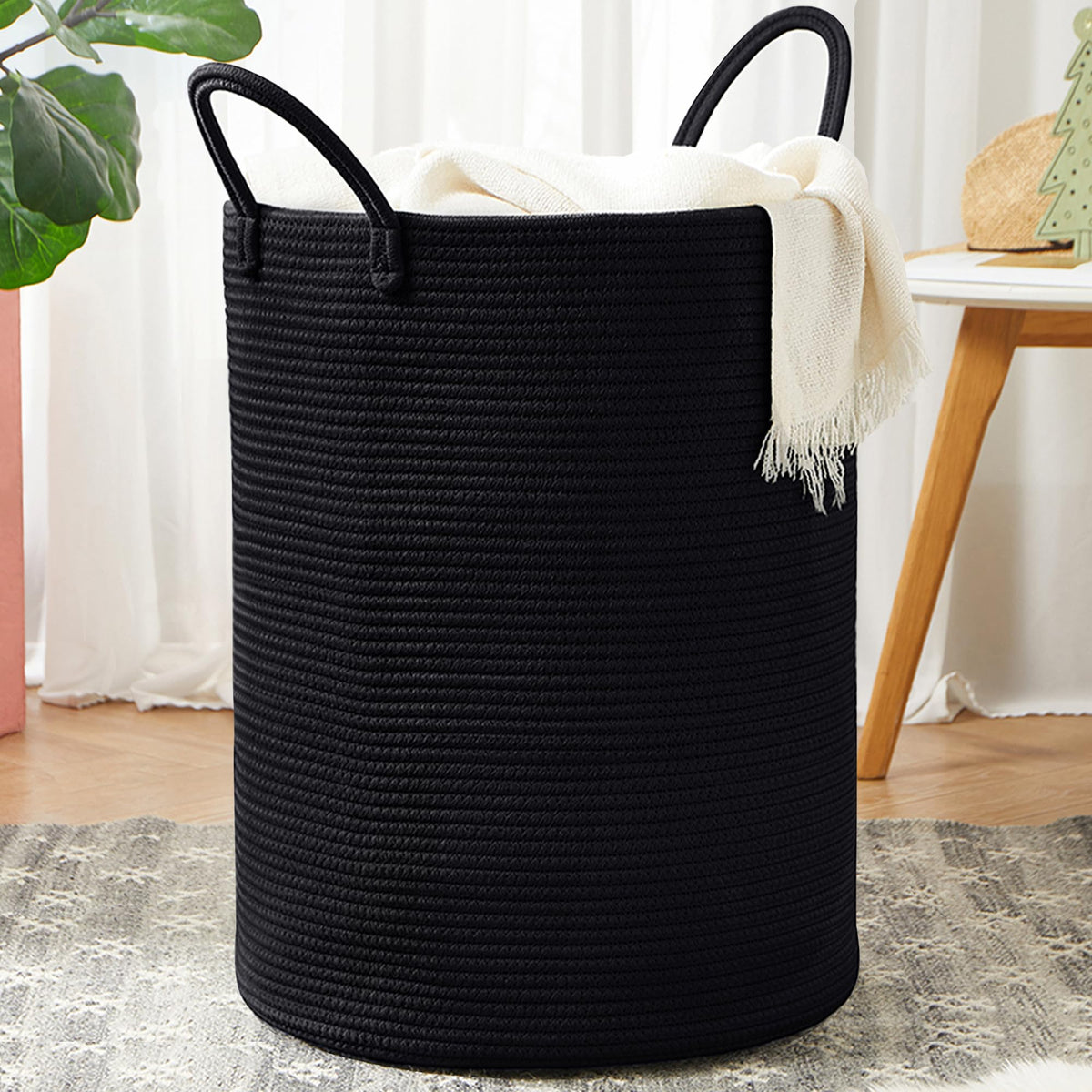 60L Black Laundry Basket Hamper Woven Rope Clothes hamper