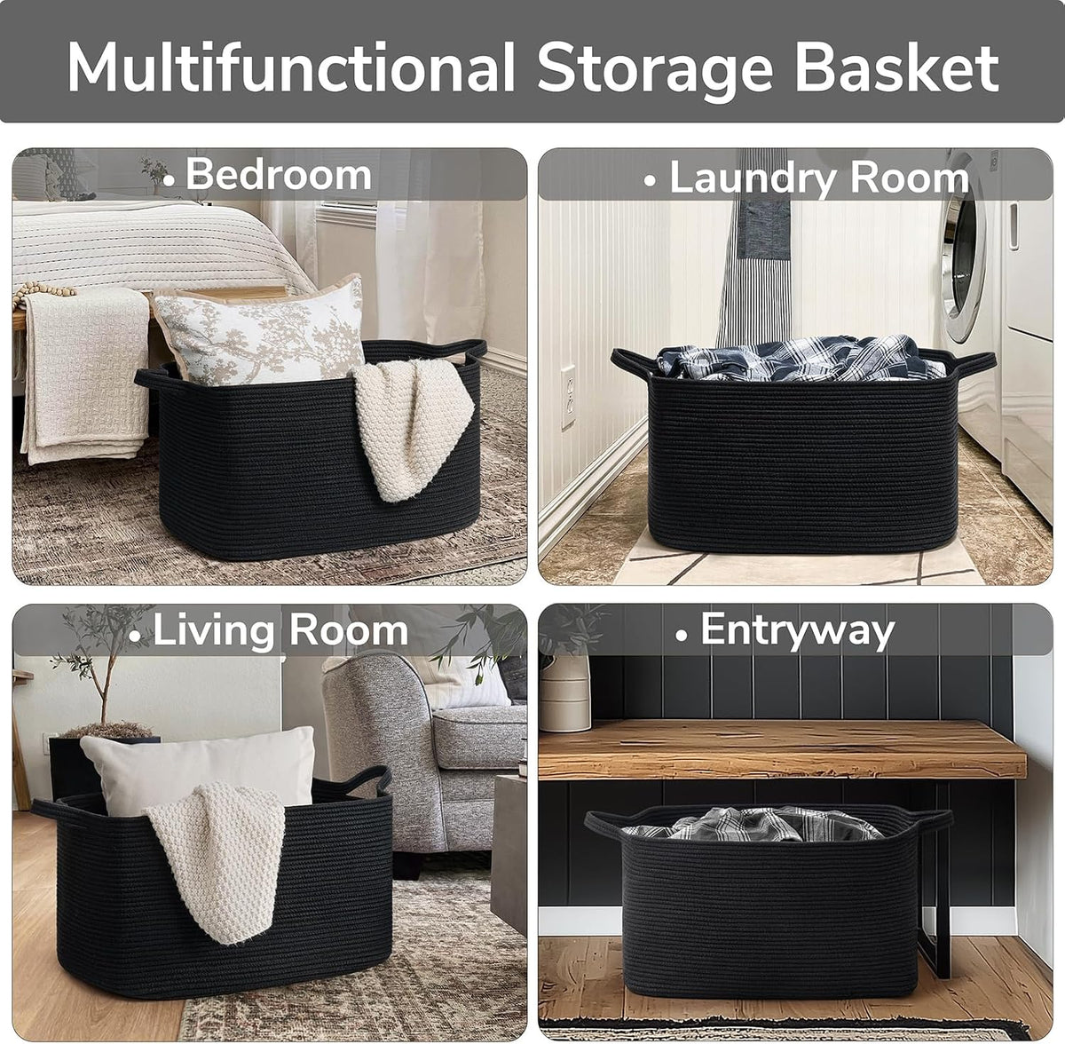 Goodpick Large Woven Rope Blanket Basket, Rectangle, Black, 75L