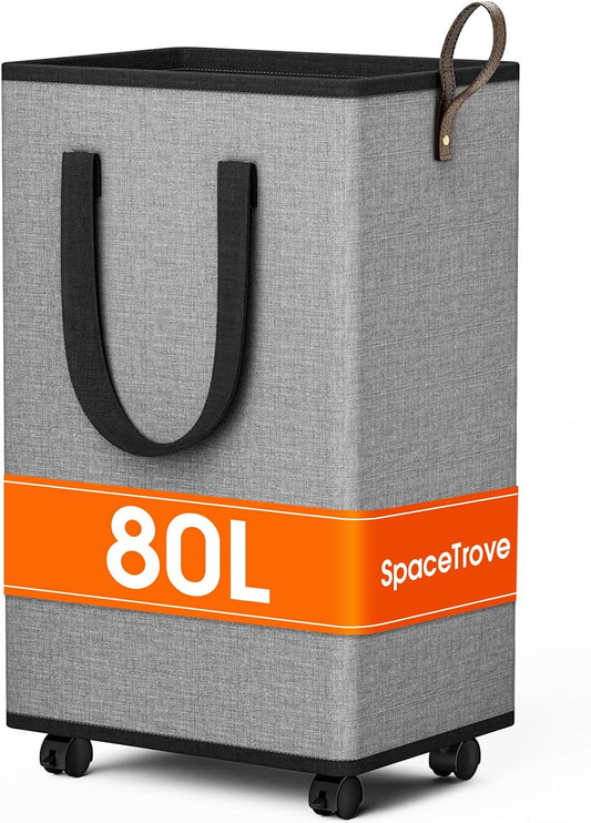 SpaceTrove Rolling Laundry Basket with Wheels, Laundry Hamper, 80L, Grey