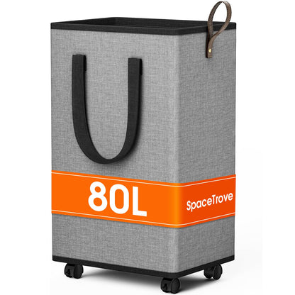 SpaceTrove Rolling Laundry Basket with Wheels, Laundry Hamper, 80L, Grey