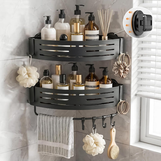 Corner Shower Caddy Suction Cup, 2 Pack Aluminum Shower Shelves No Drilling, Removable Shower Organizer with Towel Bar and Hooks for Smooth Tile, Glass and Marble, Matte Gray