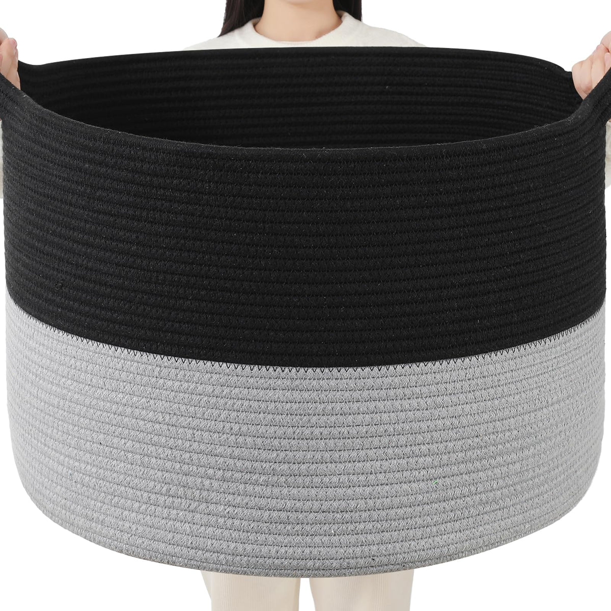 Foldable Laundry Hamper Basket with Collapsible Handle Cotton Rope Soft Woven Fabric Storage Organizer Clothes Toys Nursery Bedroom Dorm Space Saving Bin (White & Brown, 65L(19.7"D x 12.6"H))