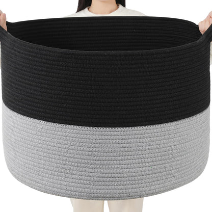 Foldable Laundry Hamper Basket with Collapsible Handle Cotton Rope Soft Woven Fabric Storage Organizer Clothes Toys Nursery Bedroom Dorm Space Saving Bin (White & Brown, 65L(19.7"D x 12.6"H))