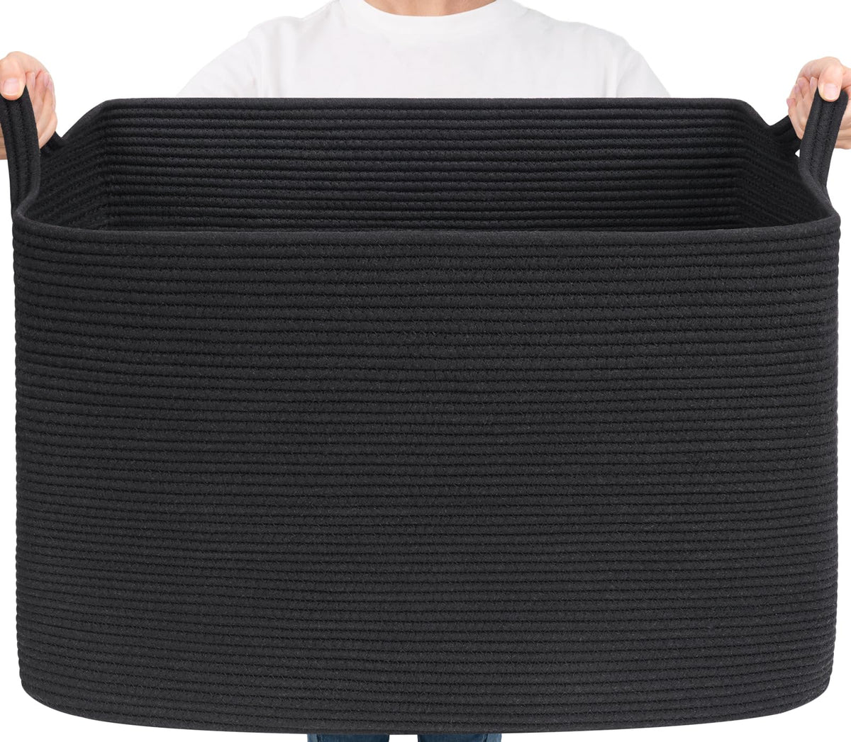 Goodpick Large Woven Rope Blanket Basket, Rectangle, Black, 75L