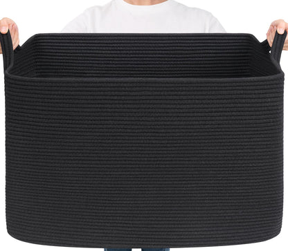 Goodpick Large Woven Rope Blanket Basket, Rectangle, Black, 75L