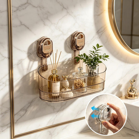 Eeghurt No Drilling Bathroom Suction Storage Box, Large Capacity & Strong Load-Bearing, Glacier Pattern Suction Cup Shower Caddy Hanging Shower Shelf Heavy Duty Shower Organizer (Gold)