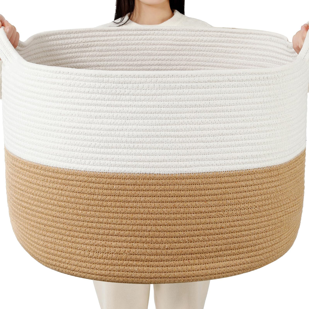 Foldable Laundry Hamper Basket with Collapsible Handle Cotton Rope Soft Woven Fabric Storage Organizer Clothes Toys Nursery Bedroom Dorm Space Saving Bin (White & Brown, 65L(19.7"D x 12.6"H))