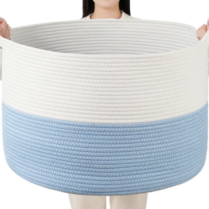 Foldable Laundry Hamper Basket with Collapsible Handle Cotton Rope Soft Woven Fabric Storage Organizer Clothes Toys Nursery Bedroom Dorm Space Saving Bin (White & Brown, 65L(19.7"D x 12.6"H))