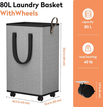 SpaceTrove Rolling Laundry Basket with Wheels, Laundry Hamper, 80L, Grey