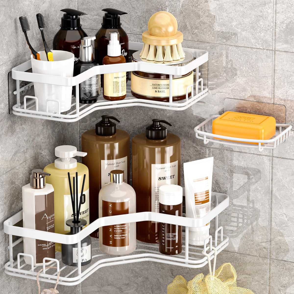 MAXIFFE 3 Pack Corner Shower Caddy with Soap Holder, Large Capacity Sturdy Easy Install No Drilling Stainless Steel Hold 40 LBS Shower Organizer Shelves Rack Storage for Family Renters Bathroom, Black