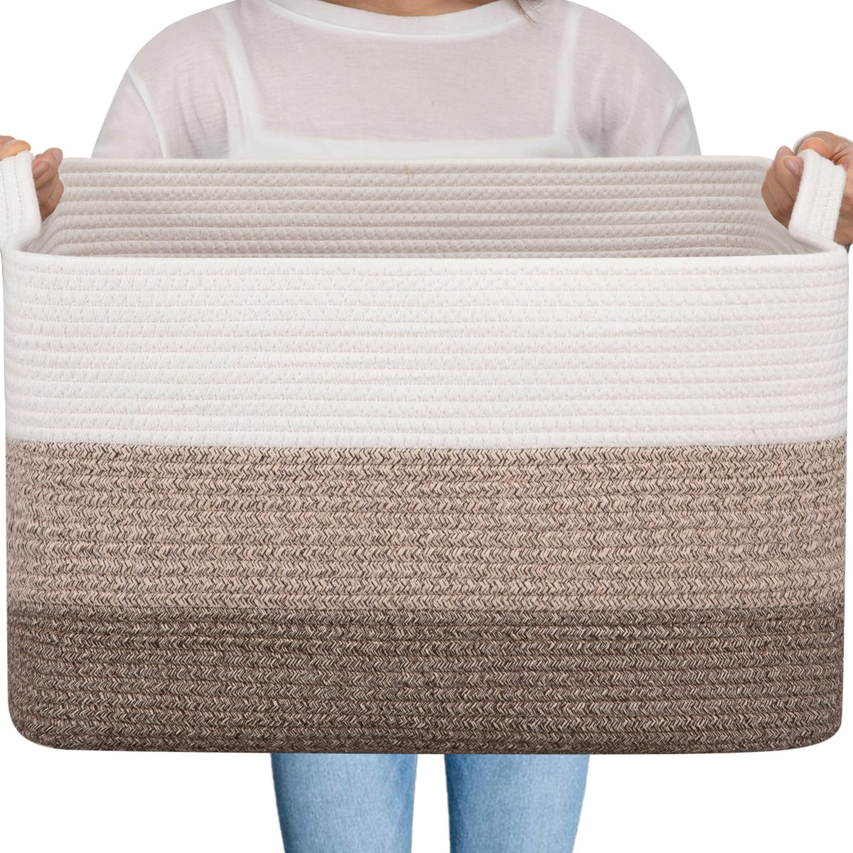 OIAHOMY Extra Large Blanket Basket, 95L Cotton Rope Woven Laundry Basket, Toy Bin for Baby Room, Container for Blanket Storage in Living Room, 24''×17''×14'', Gradient Brown