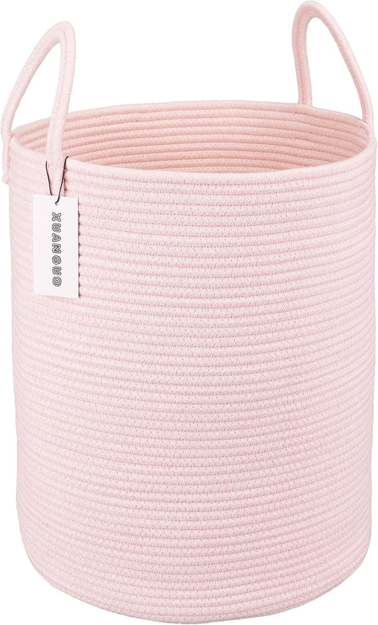 XUANGUO Cotton Rope Laundry Basket Hamper for Girls Kids Baby Nursery Pink