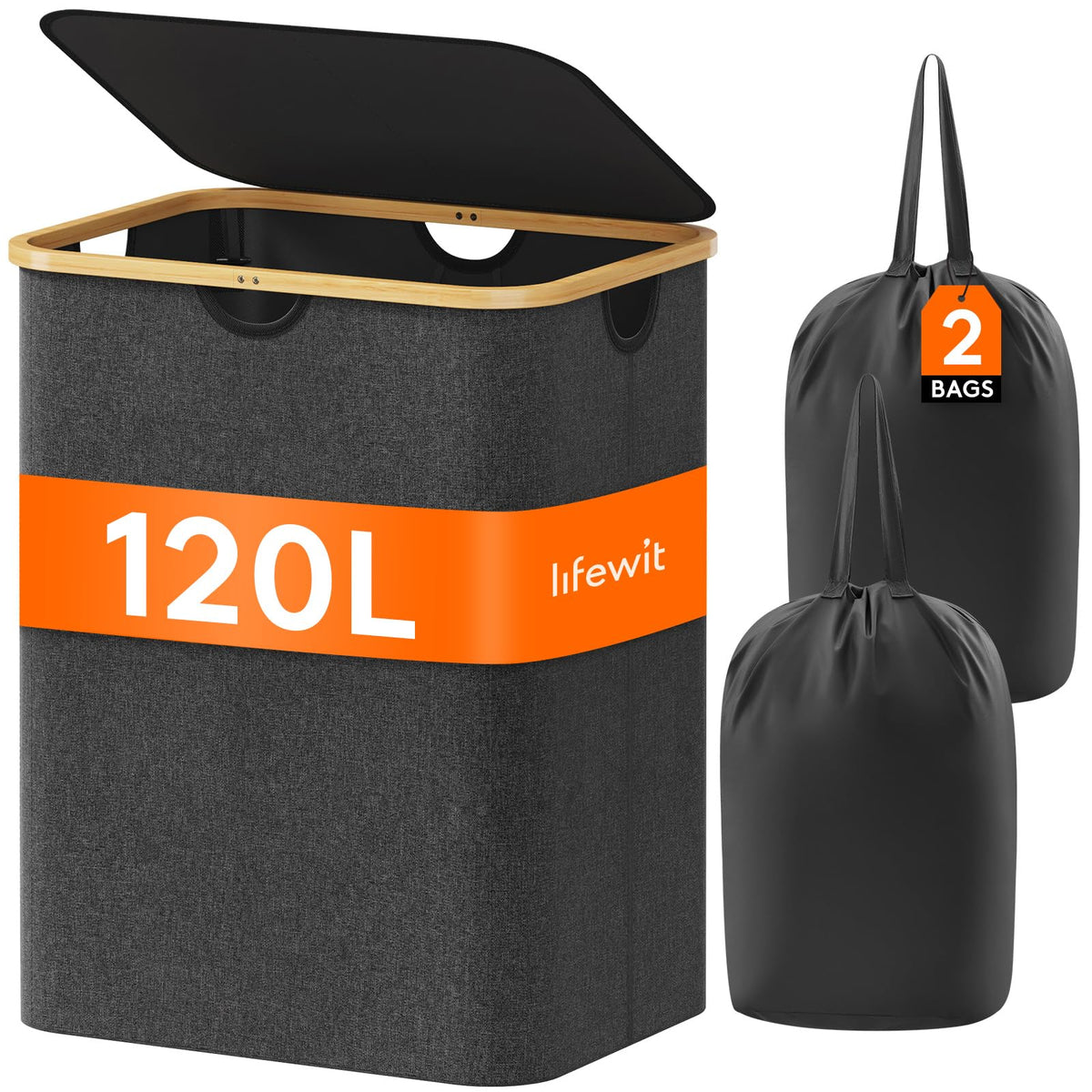 Lifewit 150L Large Laundry Basket with Lid, 2 Removable Bags, Black