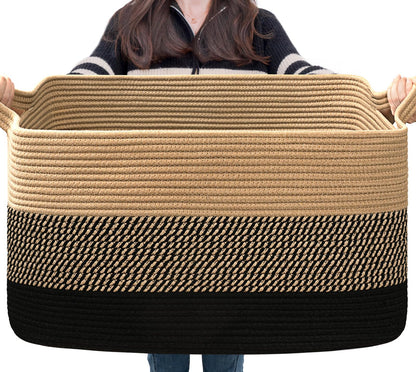 Goodpick Large Woven Rope Blanket Basket, Rectangle, Black, 75L