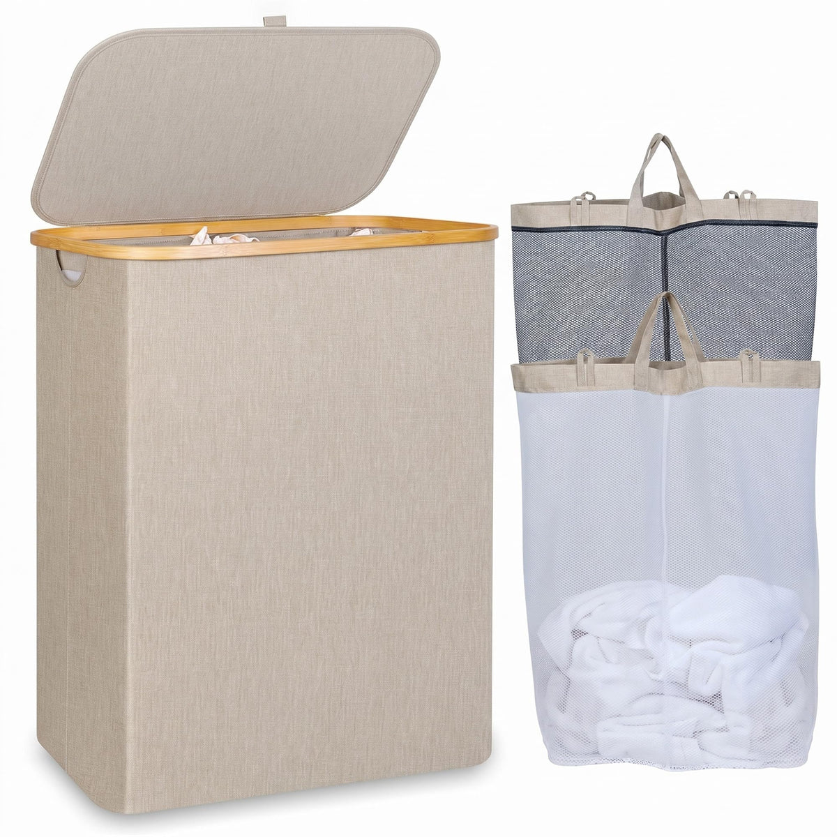 IEGrow Laundry Hamper with Lid,110L Laundry Basket with Mesh Bags,Black