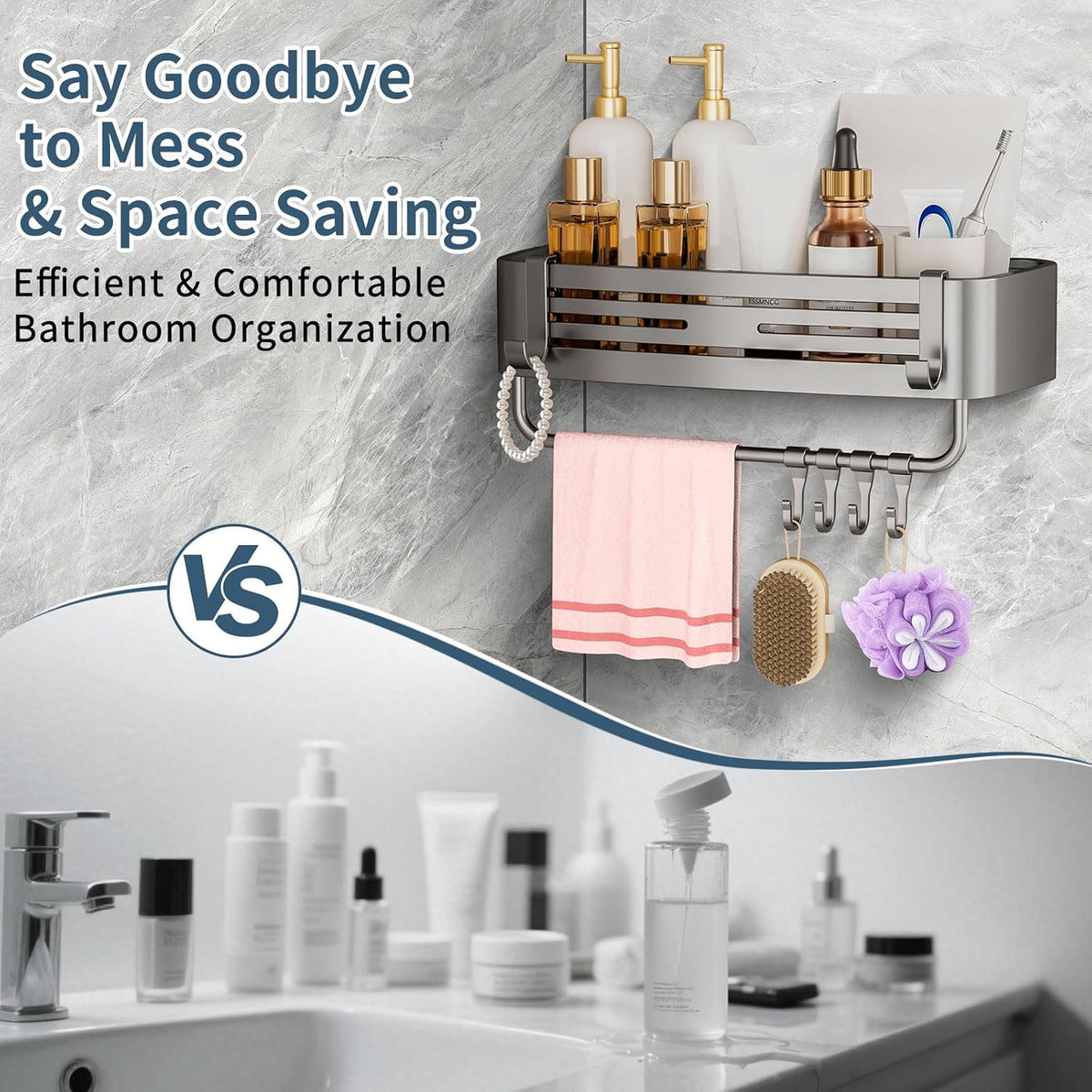 Shower Caddy Suction Cup, No Drilling Removable Shower Shelf with Towel Bar & Portable Hooks, Aluminum Rustproof Bath Corner Shower Rack Organizer for Bathroom Storage (Gray)