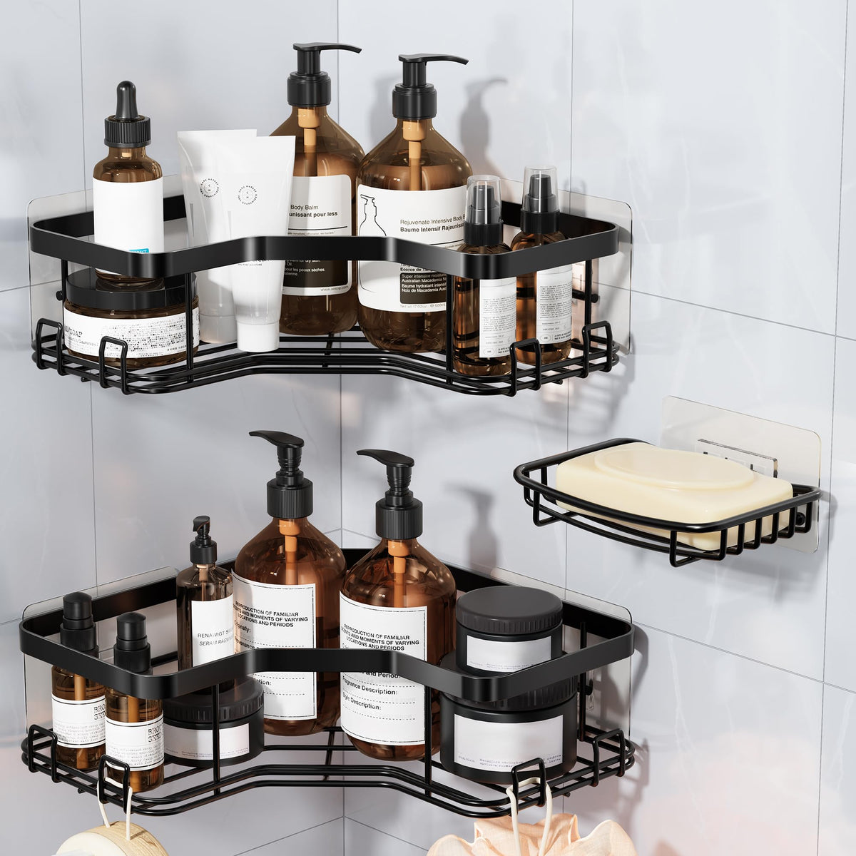 MAXIFFE 3 Pack Corner Shower Caddy with Soap Holder, Large Capacity Sturdy Easy Install No Drilling Stainless Steel Hold 40 LBS Shower Organizer Shelves Rack Storage for Family Renters Bathroom, Black