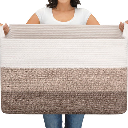 OIAHOMY Extra Large Blanket Basket, 95L Cotton Rope Woven Laundry Basket, Toy Bin for Baby Room, Container for Blanket Storage in Living Room, 24''×17''×14'', Gradient Brown