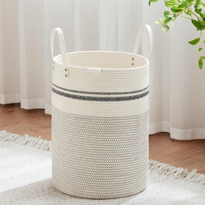 VIPOSCO 72L Tall Woven Rope Laundry Hamper, Leather Handles, White & Brown