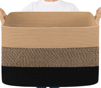 Goodpick Large Woven Rope Blanket Basket, Rectangle, Black, 75L