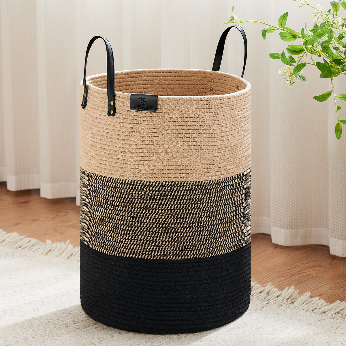 VIPOSCO 72L Tall Woven Rope Laundry Hamper, Leather Handles, White & Brown
