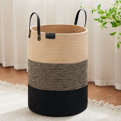 VIPOSCO 72L Tall Woven Rope Laundry Hamper, Leather Handles, White & Brown