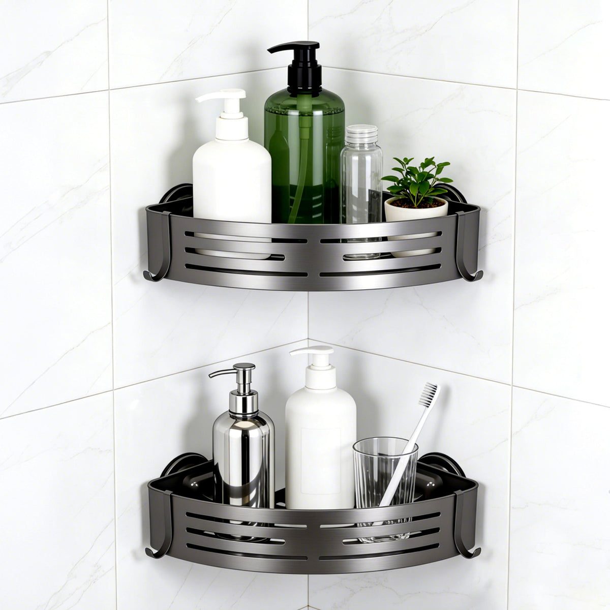 Veinvifiy 2 Tiers Corner Shower Caddy with Suction Cup 2 Pack Corner Shower Shelves Aluminum Upgraded Shower Organizer Removable Bathroom Storage Rack Kitchen Wall Mounted Bathroom Caddies Grey
