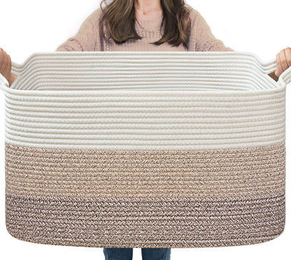 Goodpick Large Woven Rope Blanket Basket, Rectangle, Black, 75L