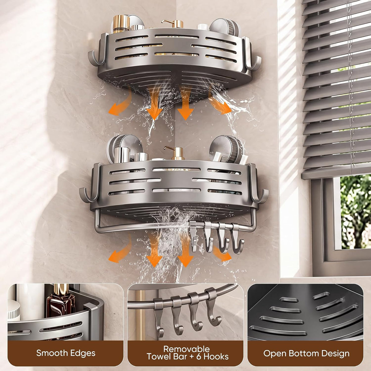 Corner Shower Caddy, ABS Suction Cup Shower Caddy, Grey 1pc