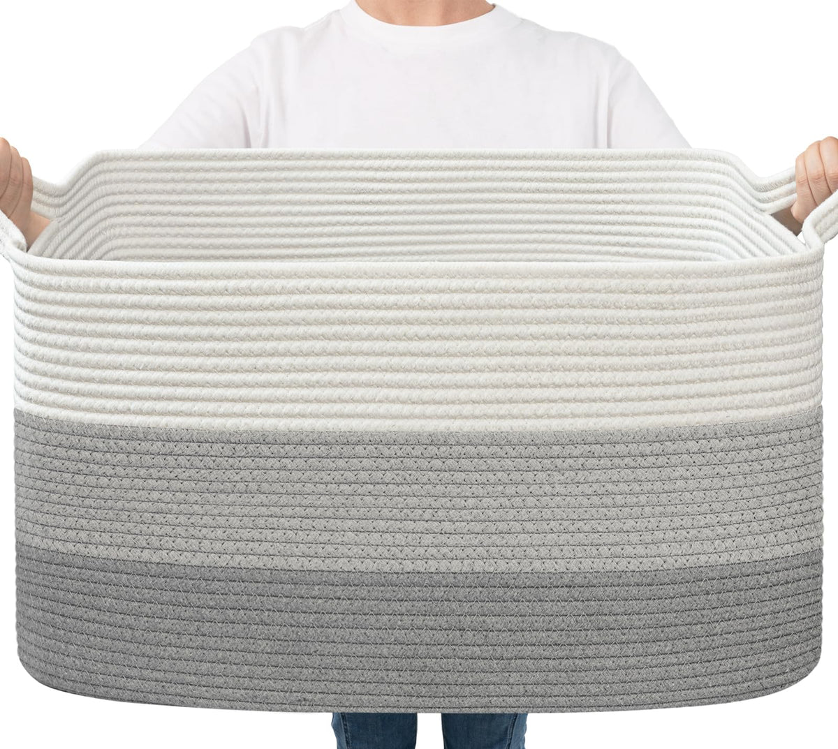 Goodpick Large Woven Rope Blanket Basket, Rectangle, Black, 75L
