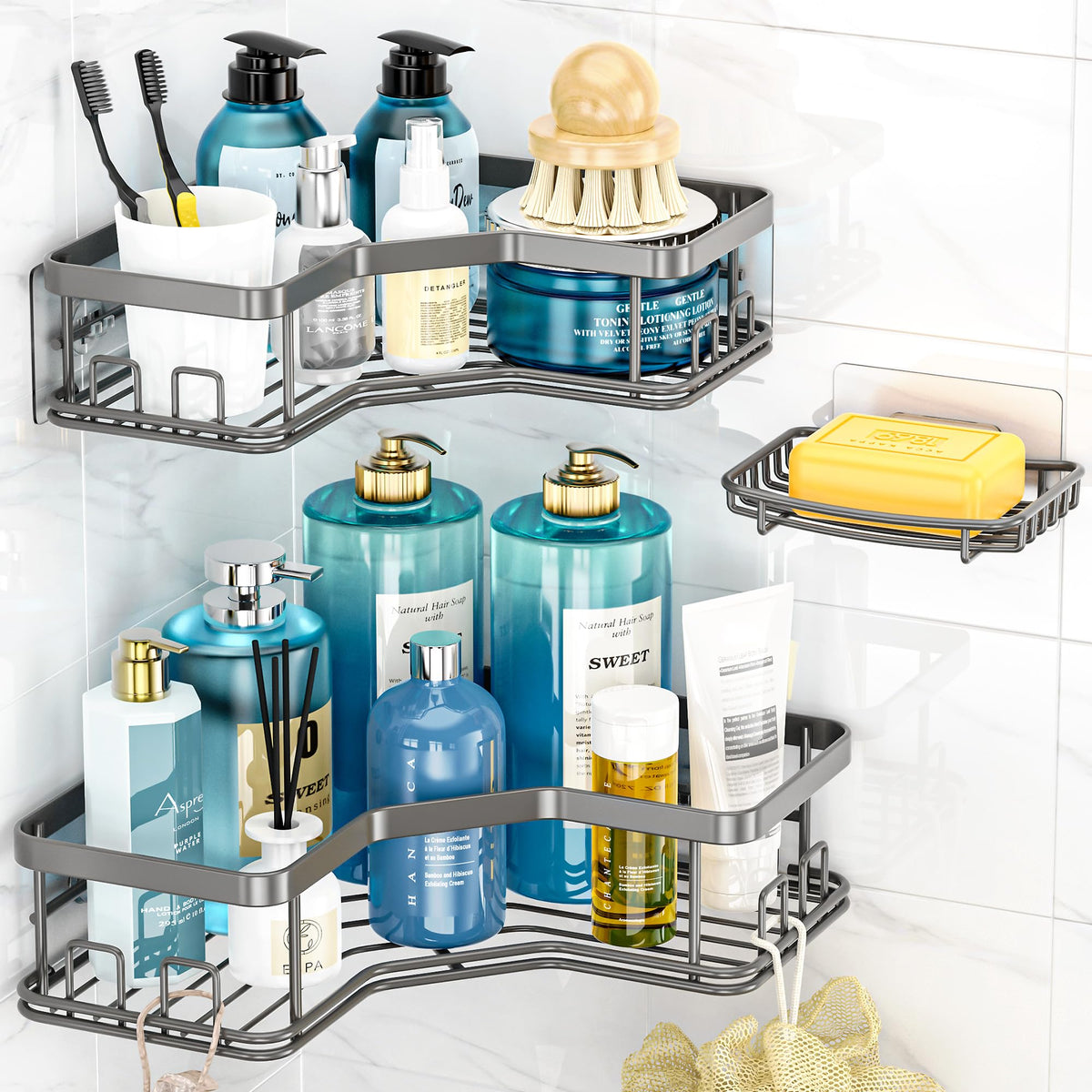 MAXIFFE 3 Pack Corner Shower Caddy with Soap Holder, Large Capacity Sturdy Easy Install No Drilling Stainless Steel Hold 40 LBS Shower Organizer Shelves Rack Storage for Family Renters Bathroom, Black