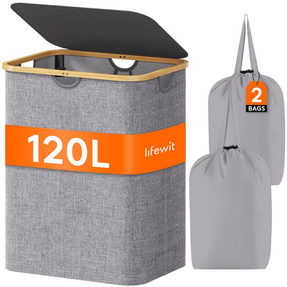 Lifewit 150L Large Laundry Basket with Lid, 2 Removable Bags, Black