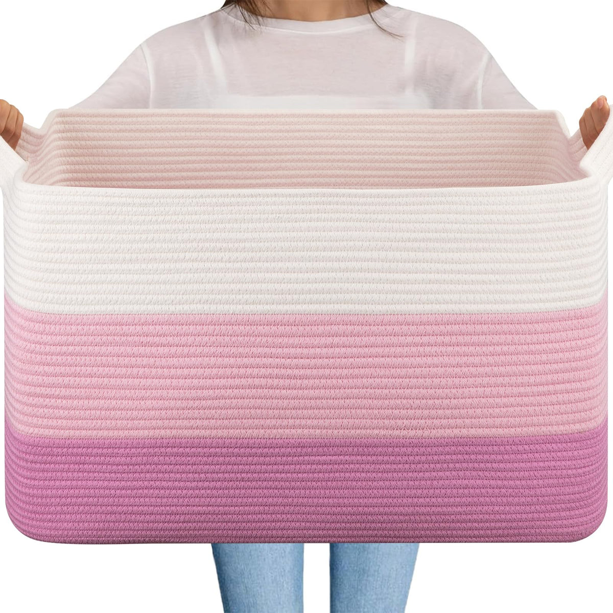 OIAHOMY Extra Large Blanket Basket, 95L Cotton Rope Woven Laundry Basket, Toy Bin for Baby Room, Container for Blanket Storage in Living Room, 24''×17''×14'', Gradient Brown