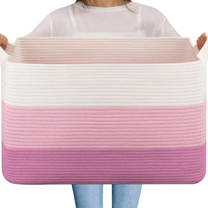 OIAHOMY Extra Large Blanket Basket, 95L Cotton Rope Woven Laundry Basket, Toy Bin for Baby Room, Container for Blanket Storage in Living Room, 24''×17''×14'', Gradient Brown