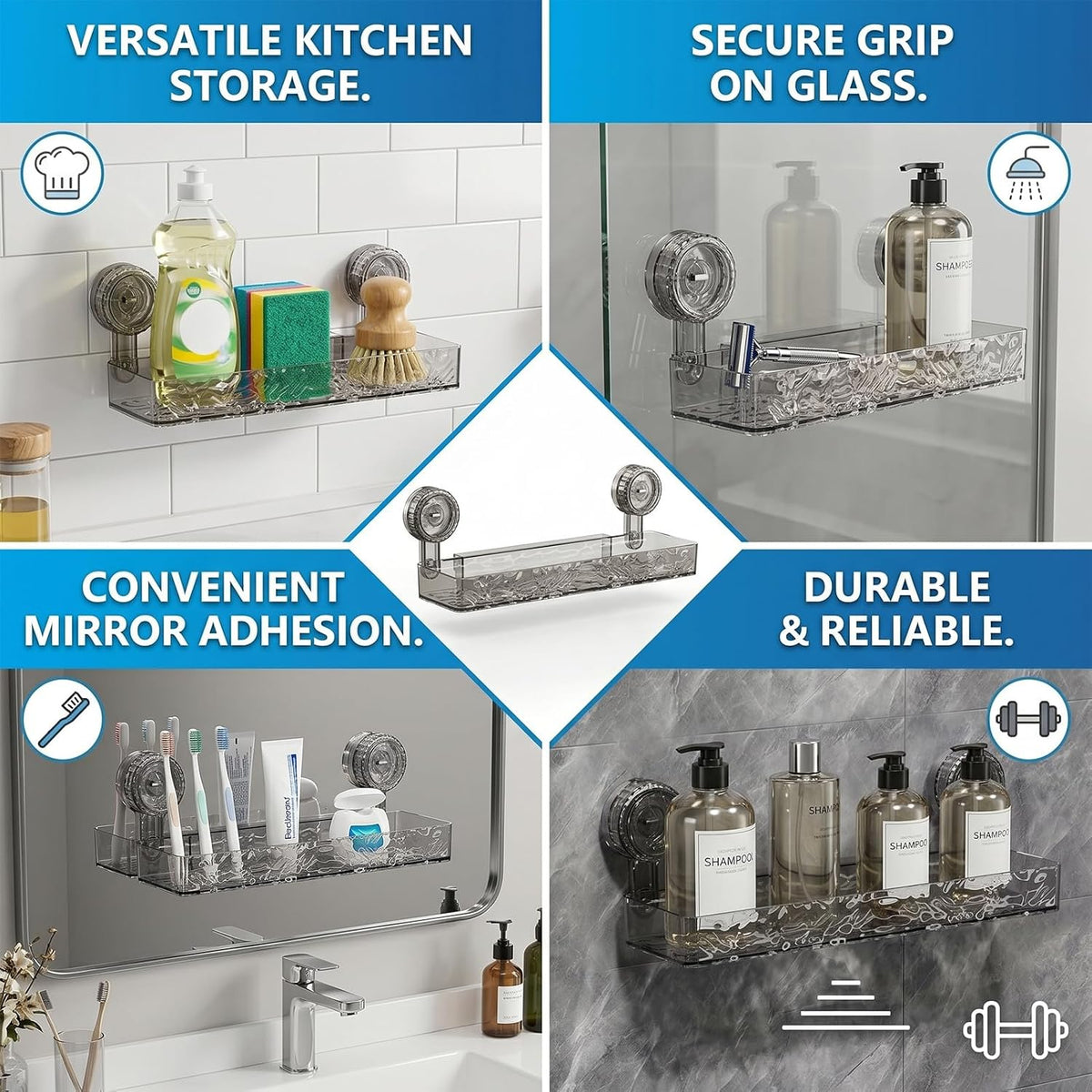 Shower Caddy Suction Cup,Bathroom Shower Organizer for Bathroom Storage & Home Decor & Kitchen No Drilling Large Capacity Removable Reusable Shower Shelves for Inside Shower(1Pack-Transparent Silver)
