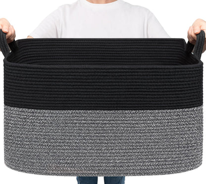 Goodpick Large Woven Rope Blanket Basket, Rectangle, Black, 75L