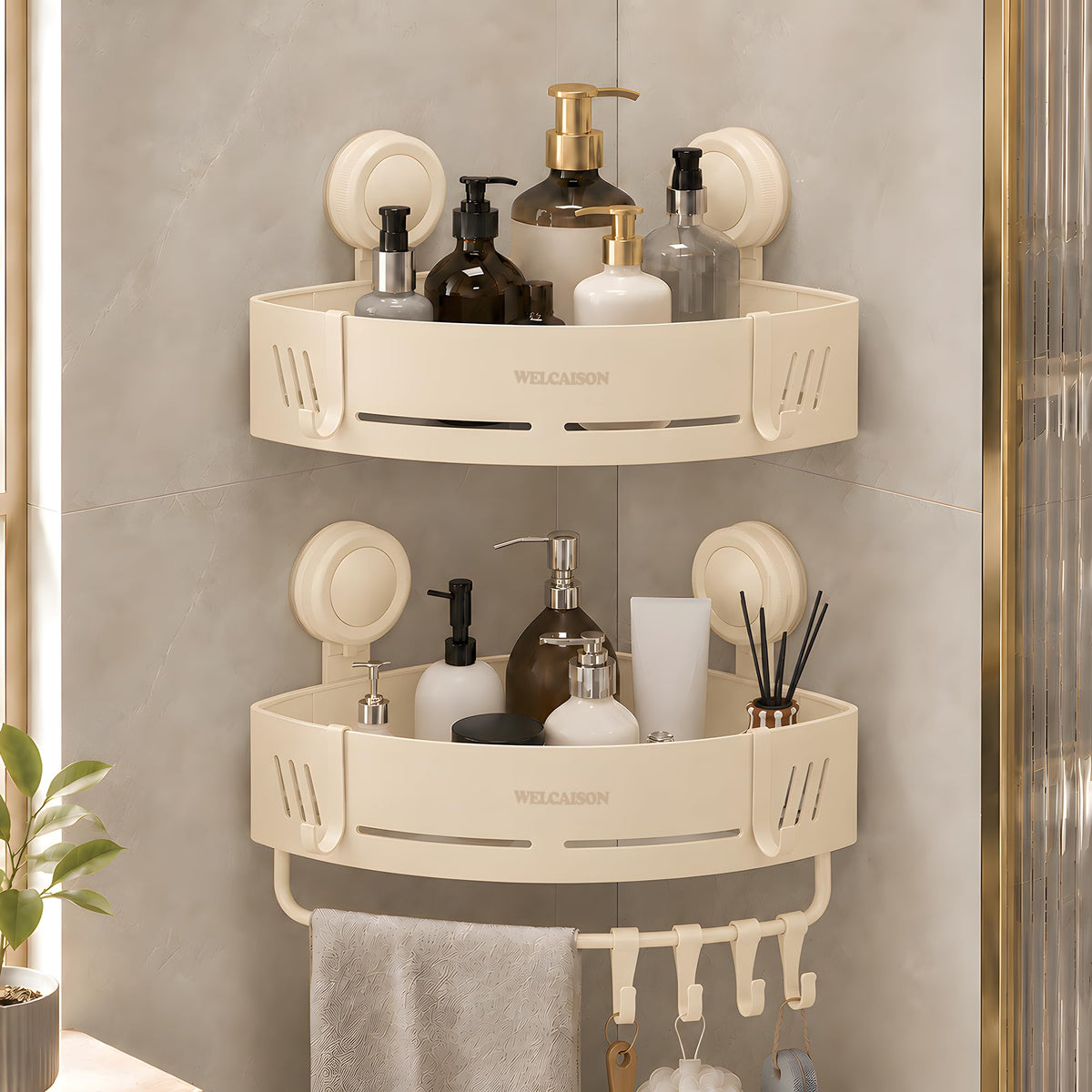2-Pack Shower Caddy Corner Suction Cup Towel With Bar &Hooks-Gray