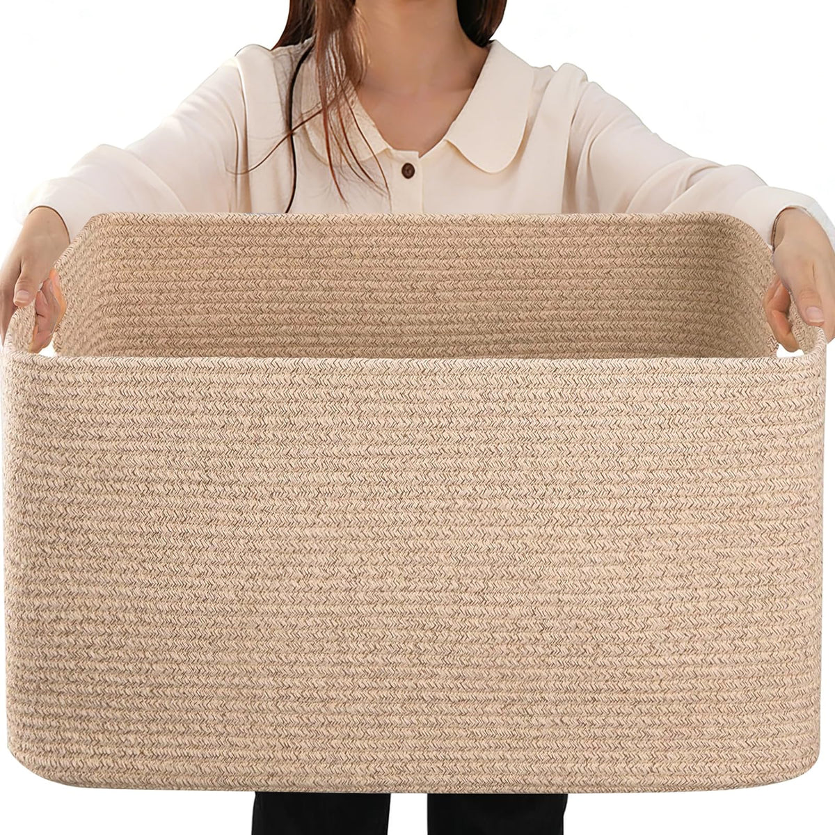 75L Blanket Basket Laundry Basket Hamper Brown/White,22"x17"x12"