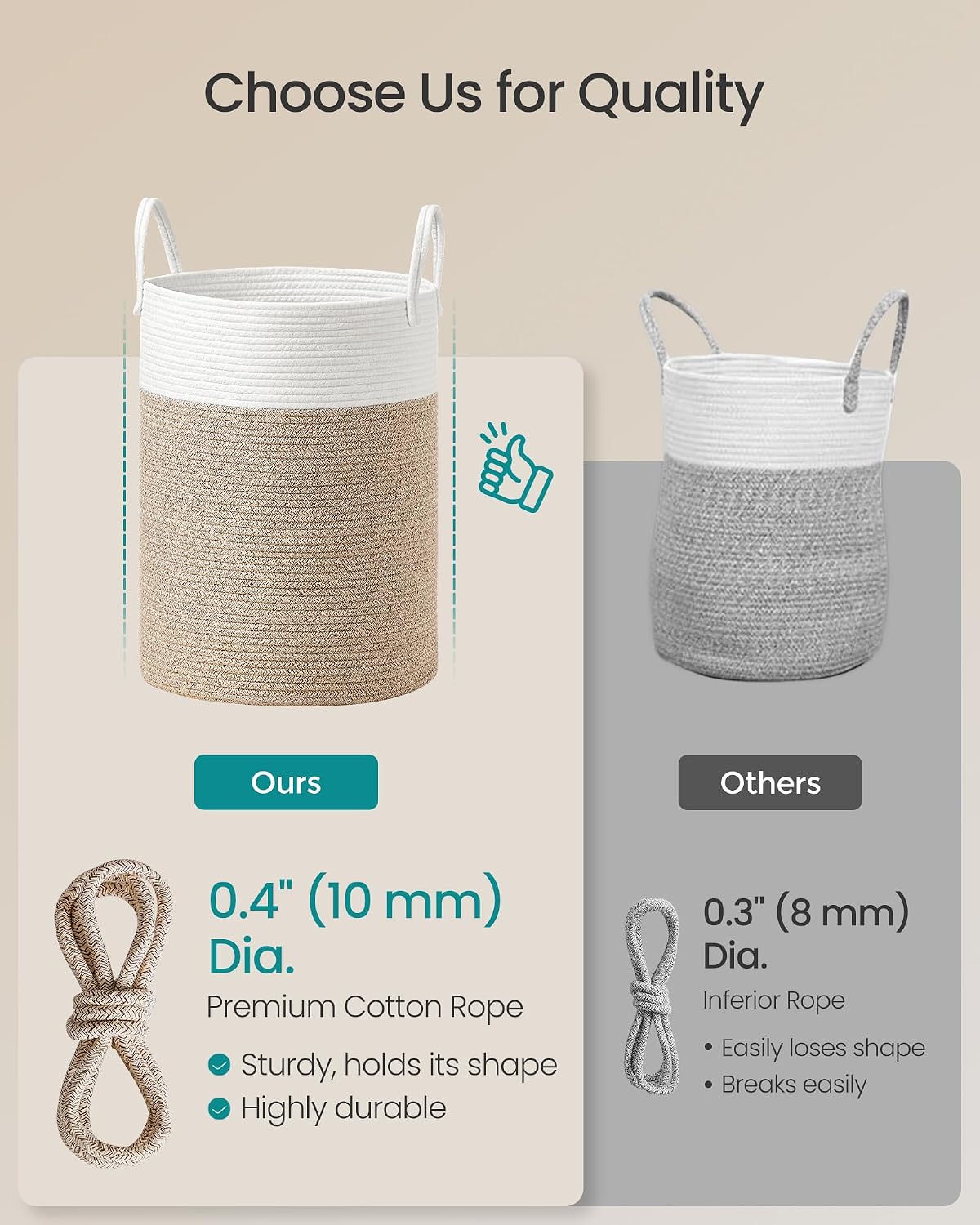 SONGMICS Laundry Hamper, Cotton Rope Basket with Handles, 15.8 Gallons