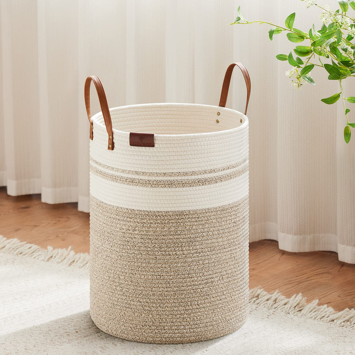 VIPOSCO 72L Tall Woven Rope Laundry Hamper, Leather Handles, White & Brown