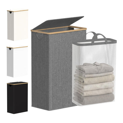 efluky Slim Laundry Basket with Lid, Narrow Laundry Hamper with Removable Bag, Skinny Dirty Clothes Basket with Bamboo Handles for Bathroom, Bedroom & Laundry Room, 75L Beige