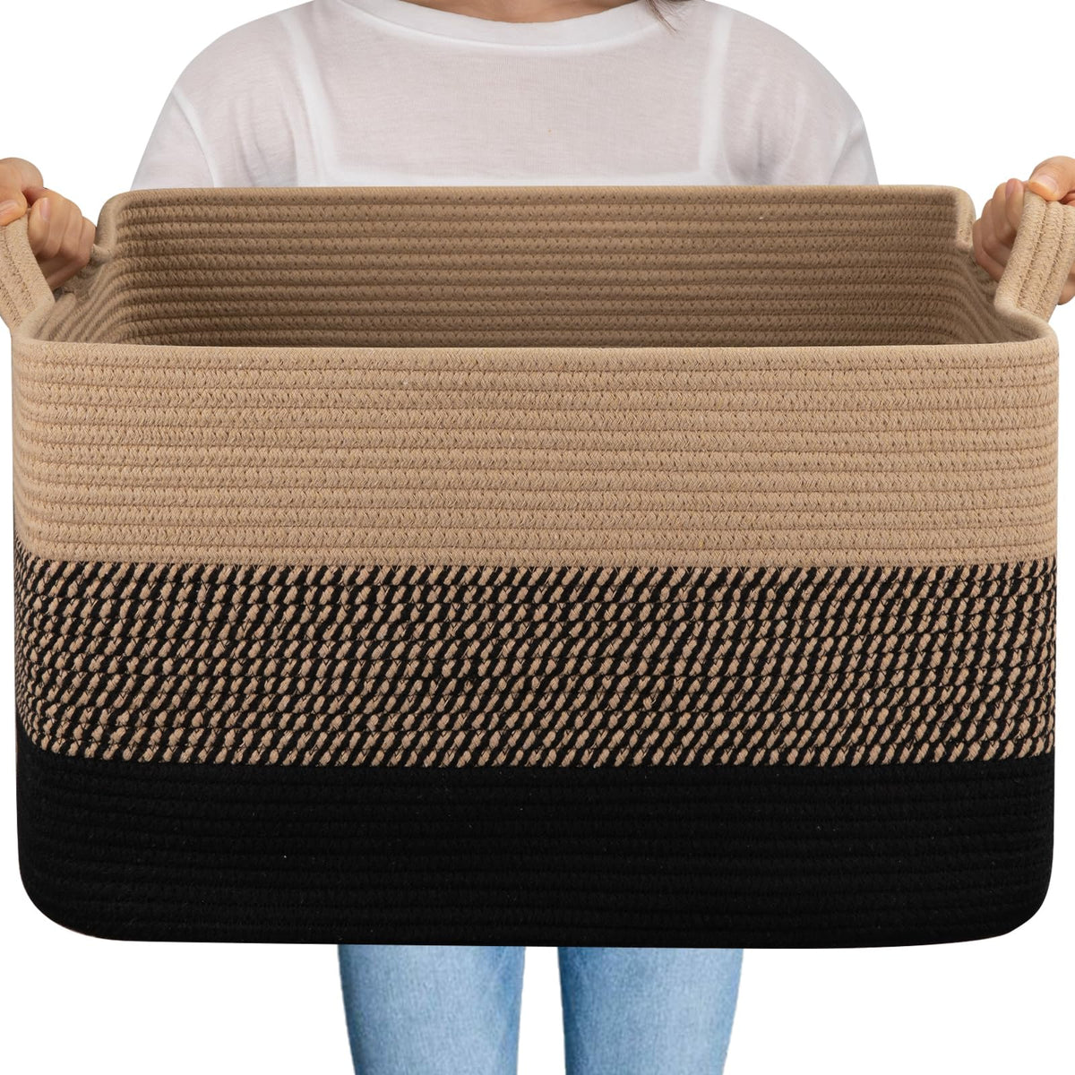 OIAHOMY Extra Large Blanket Basket, 95L Cotton Rope Woven Laundry Basket, Toy Bin for Baby Room, Container for Blanket Storage in Living Room, 24''×17''×14'', Gradient Brown
