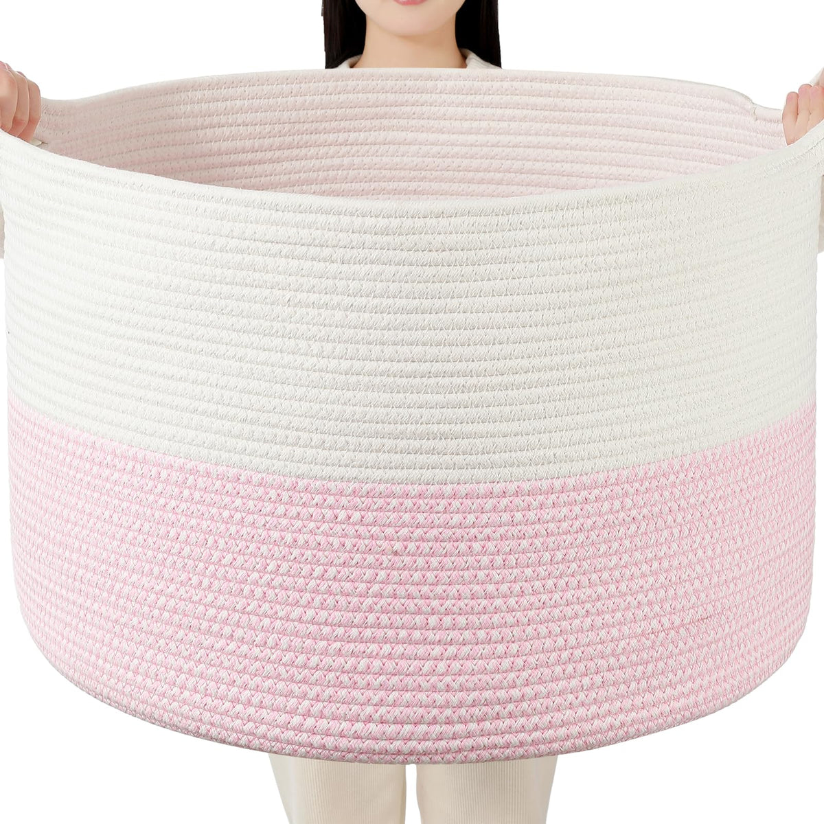 Foldable Laundry Hamper Basket with Collapsible Handle Cotton Rope Soft Woven Fabric Storage Organizer Clothes Toys Nursery Bedroom Dorm Space Saving Bin (White & Brown, 65L(19.7"D x 12.6"H))