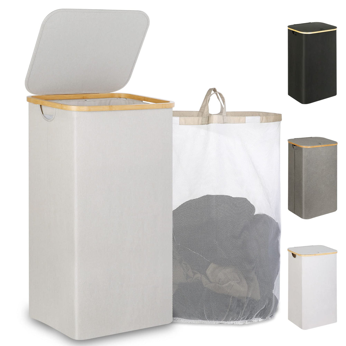 IEGrow Laundry Hamper with Lid,110L Laundry Basket with Mesh Bags,Black